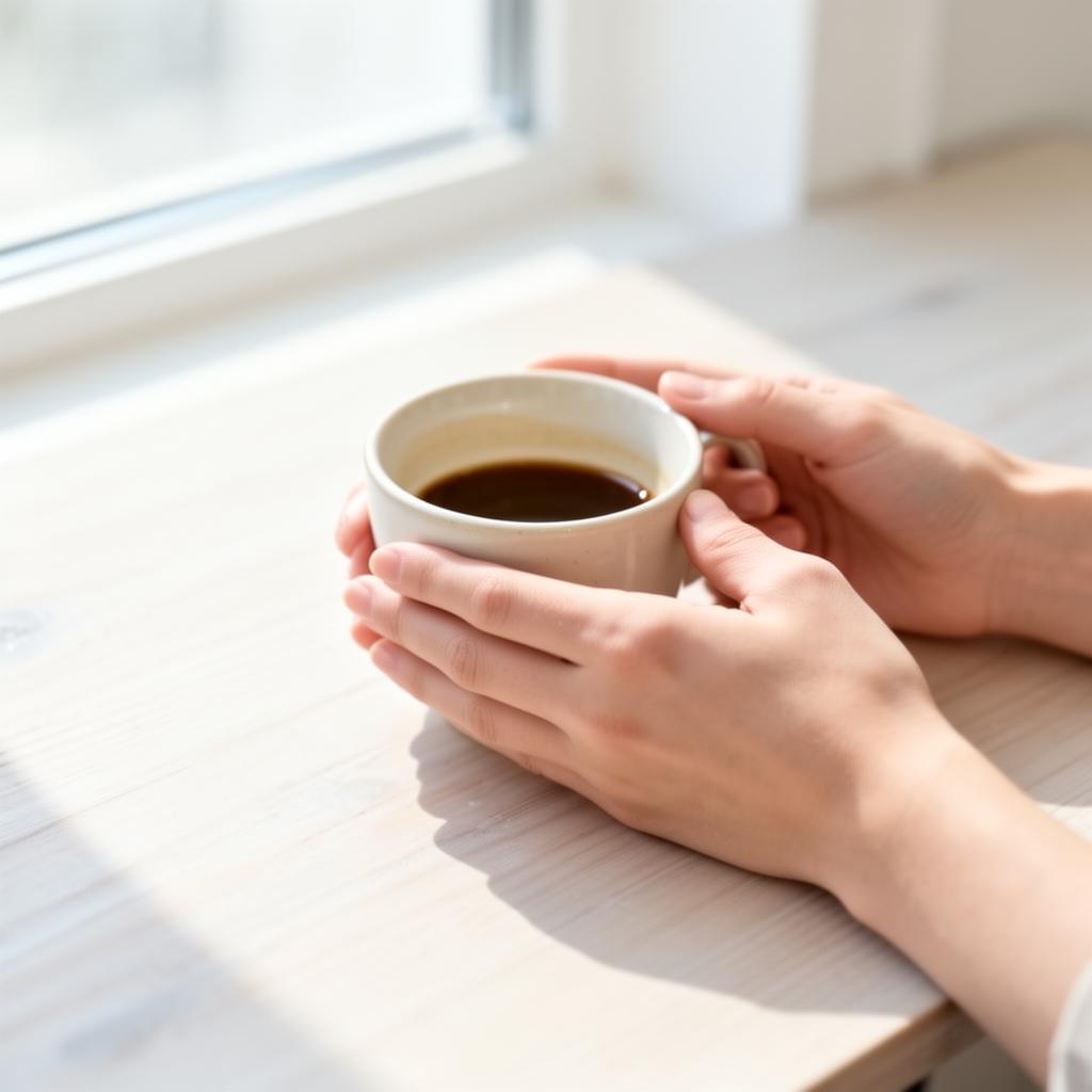 Two hands gently holding a warm coffee cup in soft natural light
