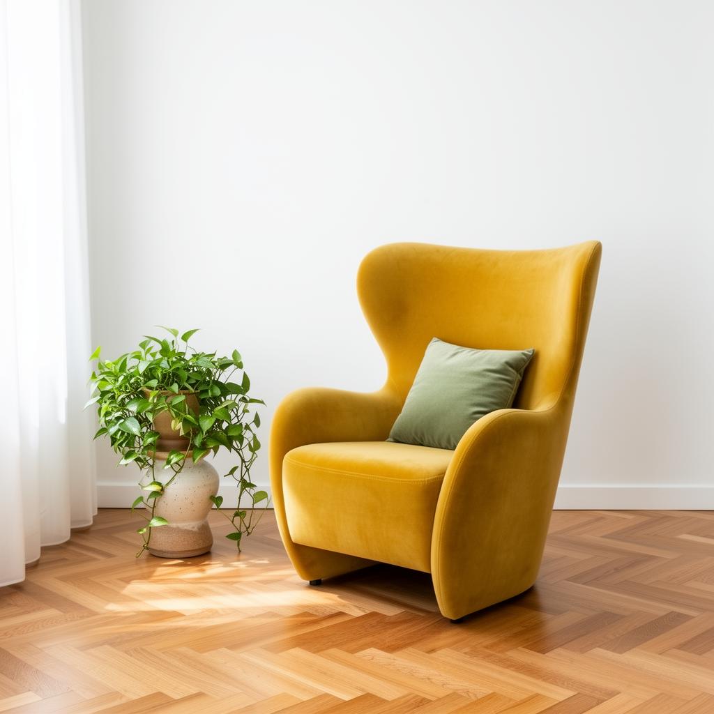 A bold mustard-yellow velvet armchair beside a trailing green plant in a bright, calm room