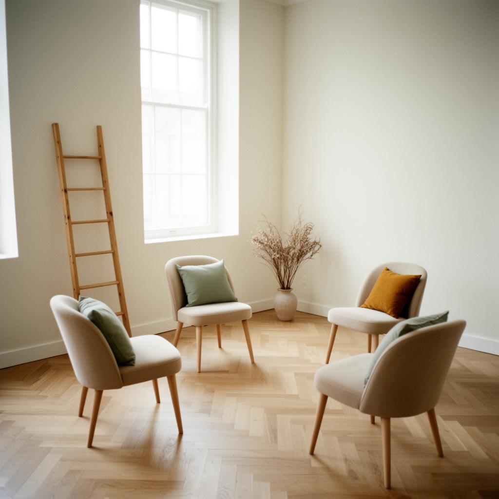 A bright, airy room with people sitting in a relaxed circle for a wellbeing workshop